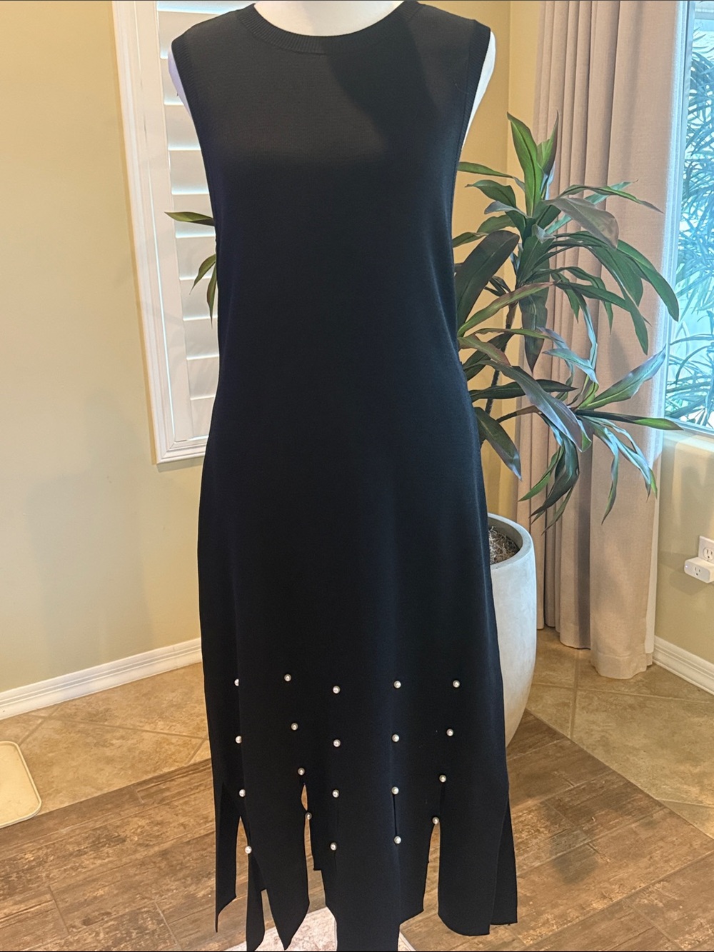 Vince Camuto Sleeveless Black Pearl-Embellished Knit Midi Dress
